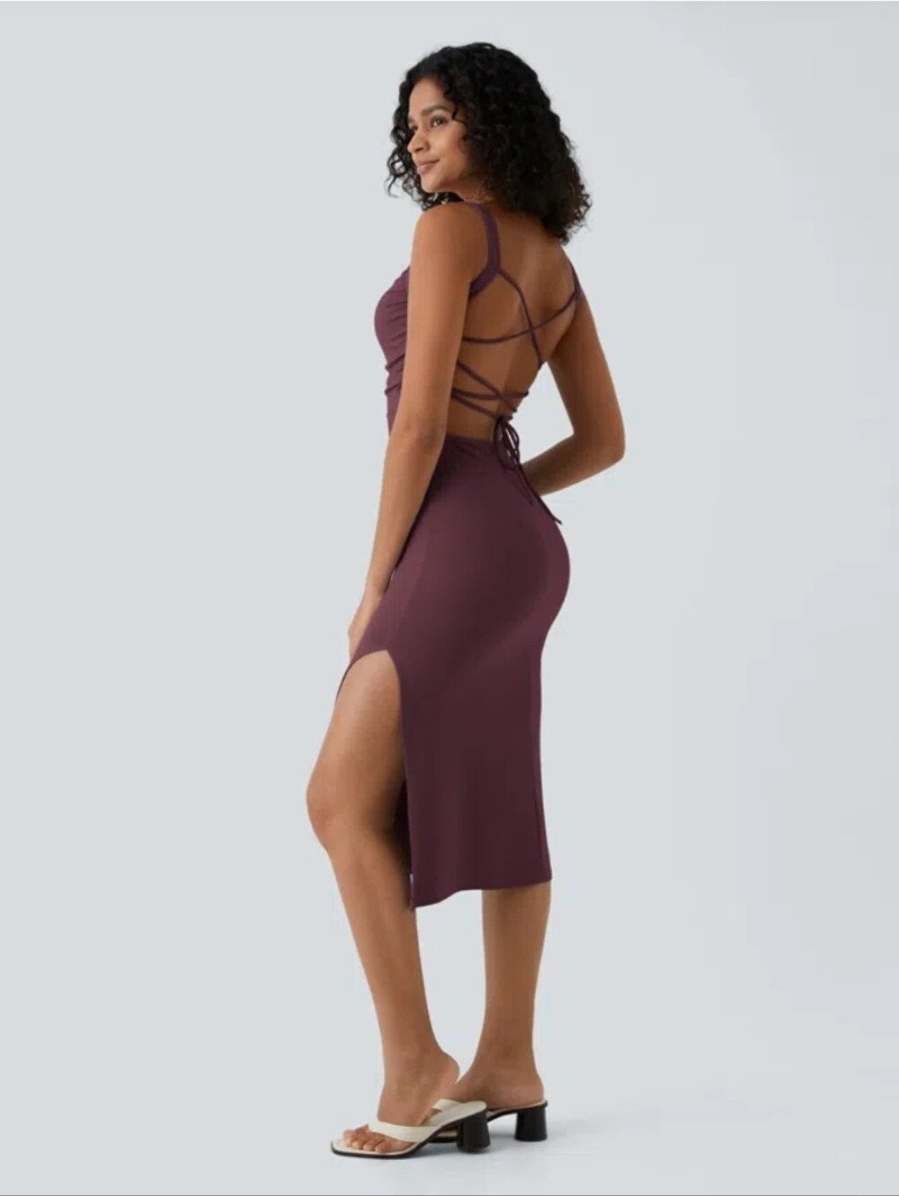 Halara Ruched Lace Up Bodycon Midi Casual Dress - Picture 2 of 8